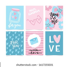 Set of Valentine's day artistic hand drawn greeting card or background in trendy style. Cute templates with lettering and doodle design. Flat hipster graphic of poster, label, banner. Vector.