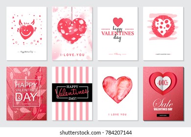 Set of Valentine's day artistic hand drawn greeting card or background
in trendy style. Big Sale templates with lettering and
doodle design. Flat hipster graphic of poster, label, banner. Vector