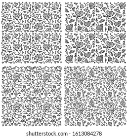 Set of valentine's day background with hearts and roses, hand drawn line art vector illustration