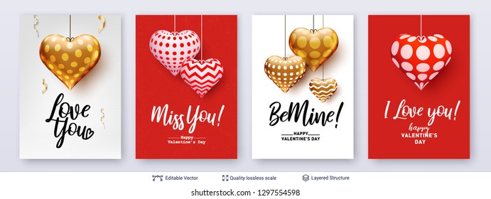 Set of Valentines day backgrounds with hearts. Holiday text and heart shaped air balloons on greeting background.