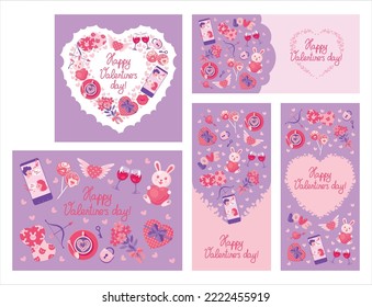 Set of Valentine's day backgrounds with symbols of the holiday: hearts, rabbit, flowers, gift box, sweets, wine glass, coffee cup, keylock, bow. Vector illustration, postcard, invitation, banner