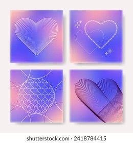 Set of Valentine's Day backgrounds in trendy y2k style. Lovely square banner template, poster, cover design. Romantic invitation or greeting card collection.