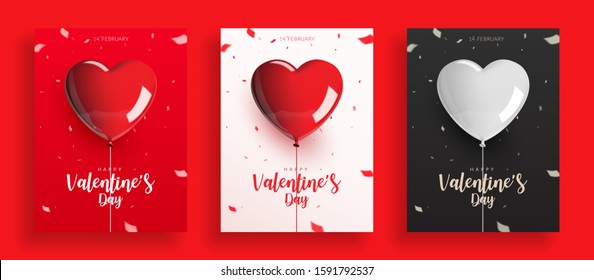 Set of Valentine's Day, balloons with rope and confetti. Design for poster banner card, Realistic vector illustration.