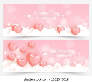 set of valentine's day banner with hears in cloud .paper cut and craft style.