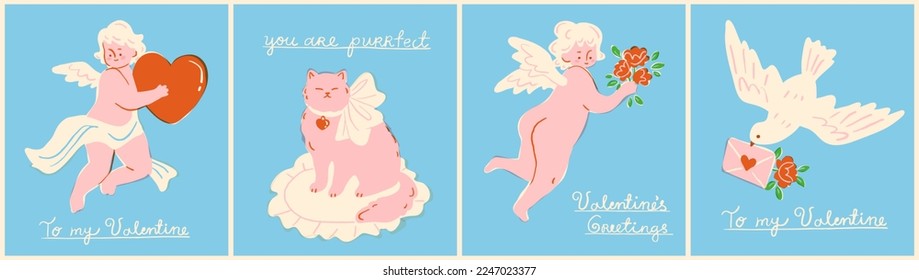 Set of Valentine's Day banner, poster or post card designs. Cupids with a heart and flowers, a dove holding a romantic letter and a cat on a pillow. Cute hand drawn elements in vintage style.