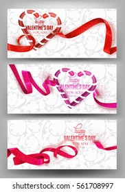 Set of valentine's day banners with curly sparkling ribbons and caramel sticks. Vector illustration