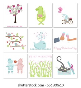 Set of Valentines day banners with cute animals, love and heart. Vector illustration eps 10.