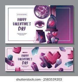 Set of Valentine's Day banners with magic ball, magic crystals, love letter, heart in a glass dome, love eye. Romantic, magic love, 14 February concept, Vector illustrations.