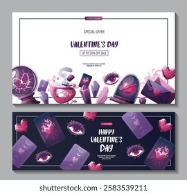 Set of Valentine's Day banners with magic ball, love potion, crystals, love letter, heart in a glass dome, tarot cards, love eye. Romantic, magic love, 14 February concept, Vector illustrations.
