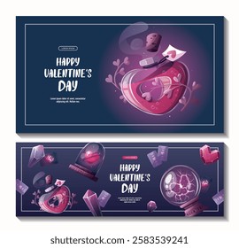 Set of Valentine's Day banners with magic ball, love potion, crystals, heart in a glass dome, tarot cards. Romantic, magic love, 14 February concept, Vector illustrations.