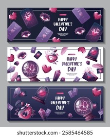 Set of Valentine's Day banners with magic ball, love potion, crystals, love letter, heart in a glass dome, tarot cards, love eye. Romantic, magic love, 14 February concept, Vector illustrations.