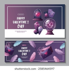 Set of Valentine's Day banners with magic ball, magic crystals, love letter, heart in a glass dome, tarot cards. Romantic, magic love, 14 February concept, Vector illustrations.