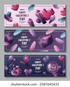 Set of Valentine's Day banners with magic ball, love potion, crystals, love letter, heart in a glass dome, tarot cards. Romantic, magic love, 14 February concept, Vector illustrations.