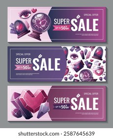 Set of Valentine's Day banners with magic ball, love potion, crystals, love letter, heart in a glass dome, tarot cards, love eye. Romantic, magic love, 14 February concept, Vector illustrations.