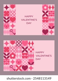 Set of Valentine's day banners with pink geometric elements. Template for Valentine holiday design. Vector illustration