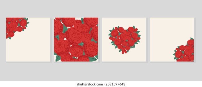Set of Valentines Day banners for social media posts. Backgrounds with rose blossoms. Creative concept for invitation, card, cover. Vector illustration
