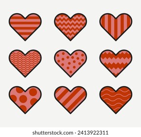Set of Valentine's Day, birthday, Mother's Day hearts with geometric patterns in pink and red color