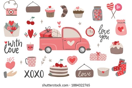 Set of Valentine's day bohemian clipart, valentine's truck, cupcales, florals, hearts, cake. Boho Valentine's day clipart vector love elements on white background in trendy scandinavian style.