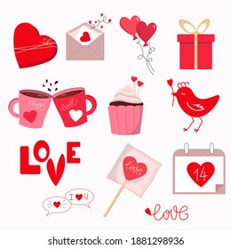 Défini pour la journée des valentines. Coffret avec cadeaux, lettrage, cupcakes et bonbons, coeurs rouges. Pour un usage décoratif. Illustration vectorielle isolée sur fond blanc.