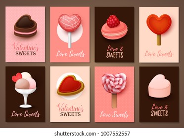 Set of Valentine`s day brochures with sweets. Vector templates. Valentine`s day backgrounds.