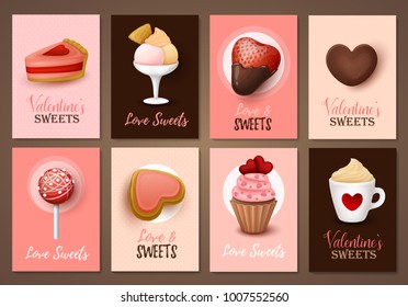 Set of Valentine`s day brochures with sweets. Vector templates. Valentine`s day backgrounds.