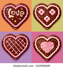 Conjunto de corazones del pastel del Día de San Valentín con la inscripción amor. Corazones de chocolate, corazones de caramelo. Pasteles de chocolate dulce.