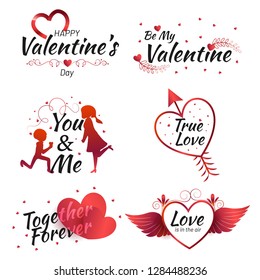 Set of Valentine's Day calligraphic quotes with illustration of tiny heart shapes and couple character.