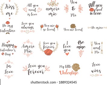 Set von Valentinstag Kalligrafie, Rosen und Dekorationen Vektorgrafiken