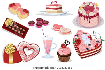 Set of Valentine's Day candy, desserts, sweet foods, bakery products containing: cookies, cakes, macarons, chocolate, milkshake, cupcake, truffles. Vector illustration