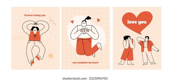 Set of Valentines day card concepts. Abstract doodle people expressing love. Vector illustration templates for celebration cards, branding, web banner, cover, poster