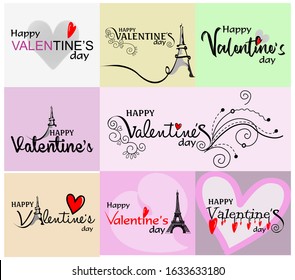 set of Valentine's Day card with cute cartoon sloth, flowers,eiffel tower, happy couples and freestyle hand drawn lettering