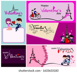 set of Valentine's Day card with cute cartoon sloth, flowers,eiffel tower, happy couples and freestyle hand drawn lettering