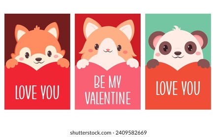 Set of Valentine's day card with cute animals. Baby collection of gift tag with animal - bear, leopard, bunny. Template holiday banner, sticker for decoration, congratulation, invitation. Vector EPS8