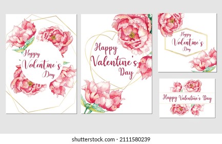 set of valentine's day card design with hand painted watercolor illustration of peony flowers