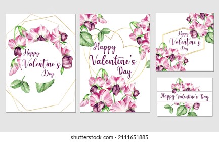 ensemble de motifs de carte de Saint-Valentin avec illustration à l'aquarelle peinte à la main de fleurs de pois doux