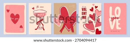 Set of Valentine's Day card designs in minimalist textured style with heart illustrations for romantic greeting and holiday decoration, vector illustration