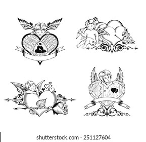 Set of Valentine's Day card. Images of Cupid, hearts and flowers.