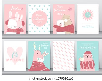 Set of Valentine's day card on retro pattern design,love,animal,cute vector,animal,Vector illustrations
