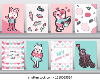 Set of Valentine's day card on retro pattern design,love,animal,dogs,minimal,cute,Vector illustrations