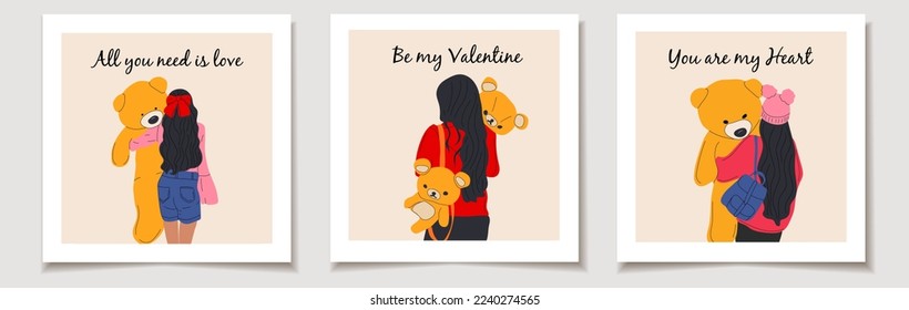 Juego de tarjetas de San Valentín Las mujeres bonitas abrazan a una muñeca gigante de osito de peluche. Ilustración femenina de moda. Amor, Día de San Valentín.