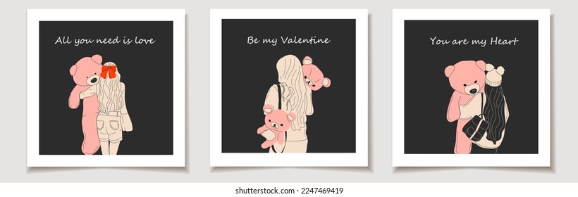 Set of Valentine's day card Pretty women hug a giant teddy bear doll. Fashion girl illustration .Love, Valentine's Day.