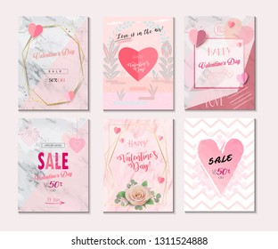 Set of Valentine's day card, sale and web floral banners flyers templates with lettering, hearts and balloons. Typography poster card, label, brochure banner design collection. Love, Romance promotion