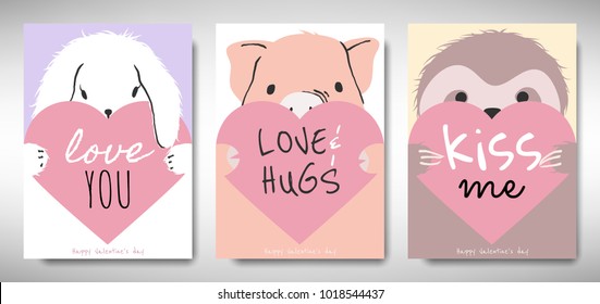 Set of Valentines day card template design, rabbit, pig and sloth holding heart with love message, simple pastel  theme