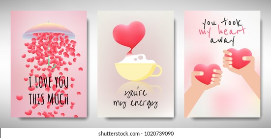 Set of Valentines day card template design, 3D red heart shape with love message, minimalist style
