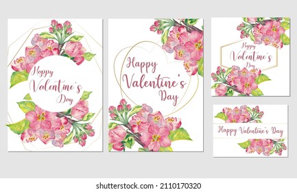 set of valentine's day card template, with hand painted watercolor apple flowers
