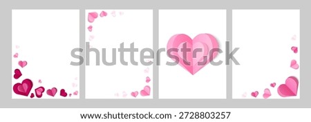 Set of Valentines Day card templates with pink and red hearts in minimalist layouts,paper cut heart design for romantic greeting cards, invitations, love notes, printables, social media posts.Vector