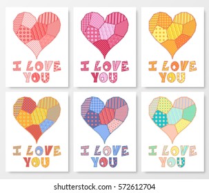 Set of Valentines Day card with text I Love You and heart made of patchwork