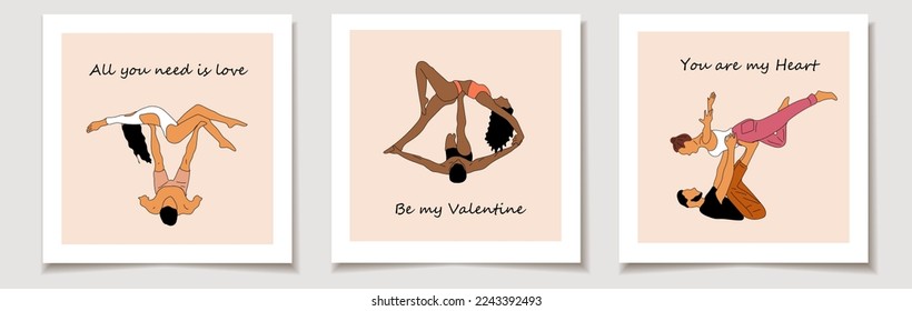 Set of Valentine's day card with Yoga asanas for couple yoga.Hand drawn sketch