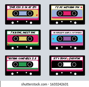 Set of Valentine's day cards in 80's style cassettes. Vector design for print and other use, contains quotes from songs of 80's