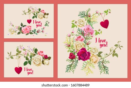 Set of Valentine's Day cards: bouquet white, pink, red roses, spring blossom. Horizontal rectangular template: red heart, flowers, leaves, white background, vintage watercolor style, vector